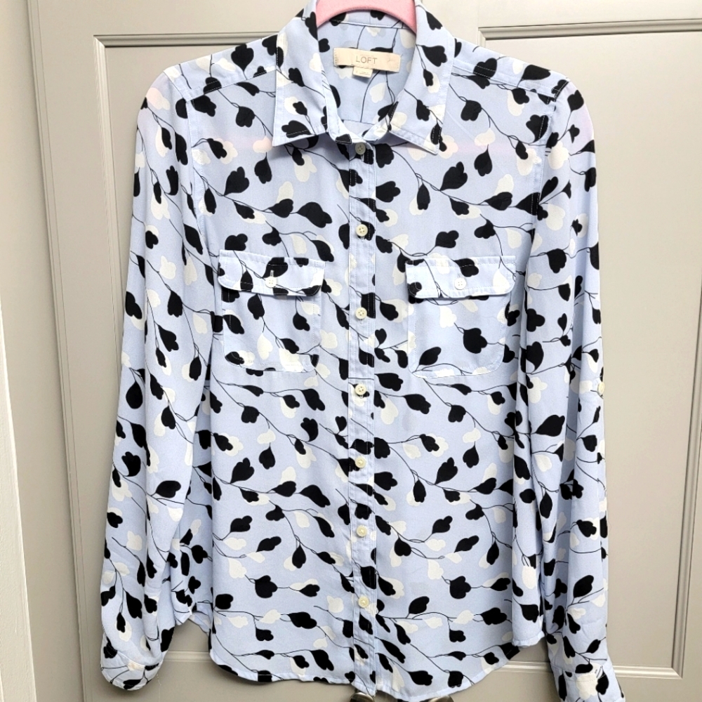 LOFT Blue Floral Button Up Blouse Long Sleeve Small